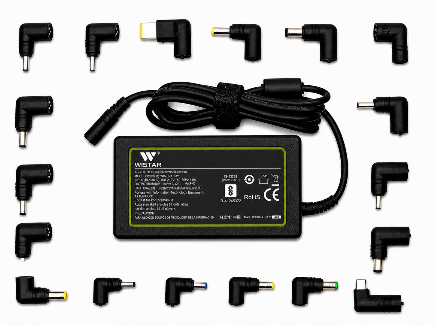 wistar 65watt universal laptop adapter with 18 interchangeable connector pins compatible for toshiba/hp/asus/lenovo/samsung/sony/dell/acer/for all type c 65w laptop