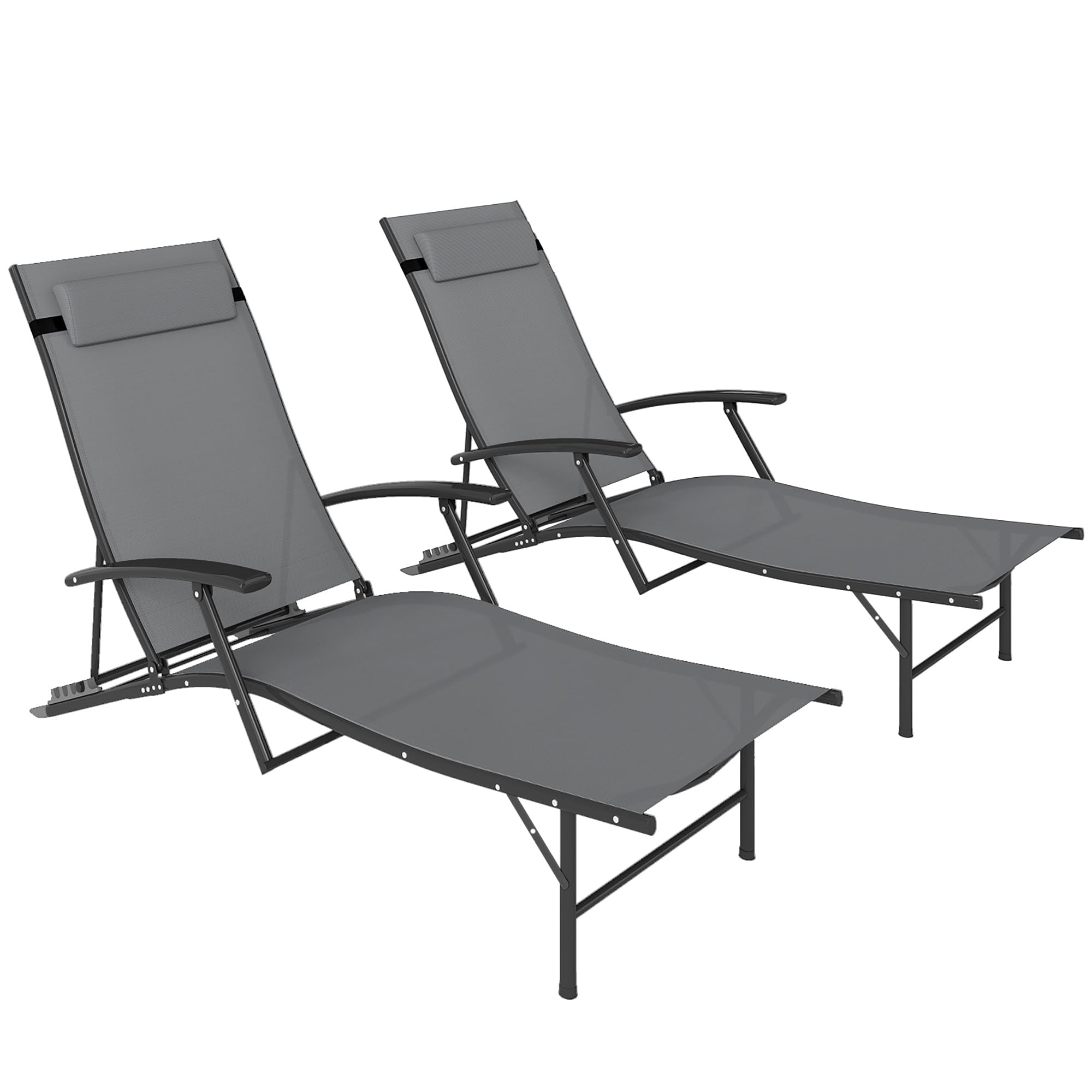 Outsunny Set di 2 Lettini Prendisole Pieghevoli 64x168x75 cm Grigio | Schienale Regolabile su 4 Livelli, Sdraio da Giardino, Seduta e Poggiatesta in Acciaio e Textilene, per Spiaggia e Piscina