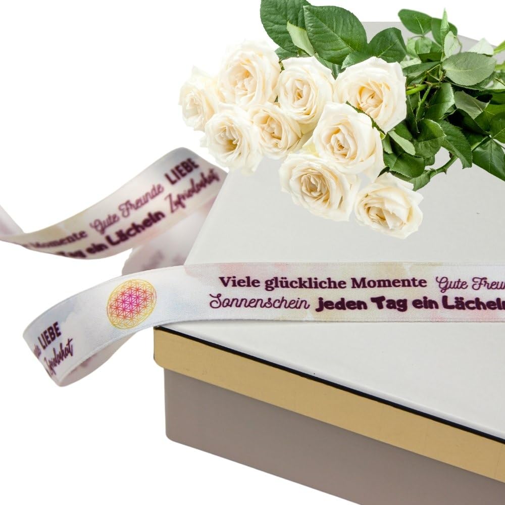 Satin-Geschenkband "Blume des Lebens" Bandbreite 20 mm, Länge 75 Meter