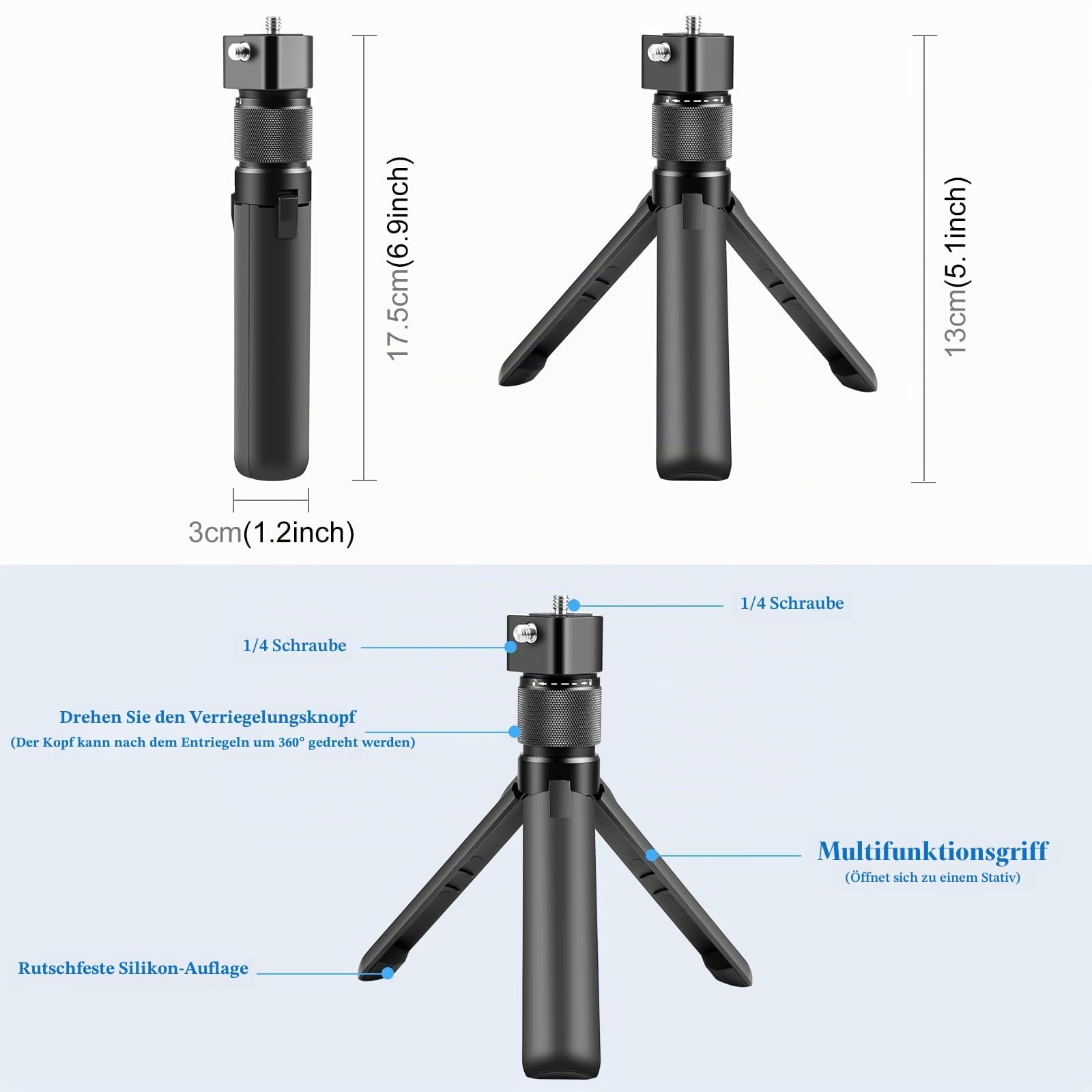 Mini-Stativ für ActionKamera, zusammenklappbar, drehbar, für Insta360 X3 X4 X5/One X2 / One X/One RS, PULUZ 1/4" Schraube, Bullet Time kompaktes Tischstativ für Gopro/DJI und mehr, Gimbal, Griff