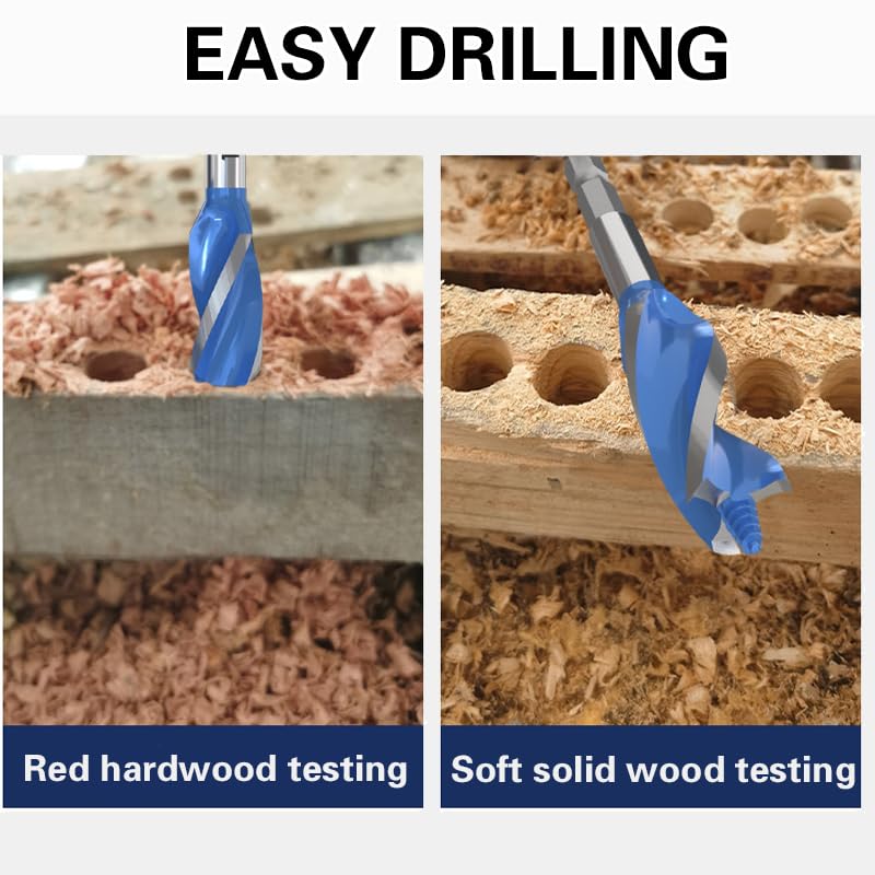 6PCS Auger Drill Bit Set for Wood - Sizes 1/2", 5/8", 3/4", 7/8", 1" & 1-1/8" - Hex Shank Quick Change Auger Bits for Hardwood, Softwood, Plastic - Impact Ready