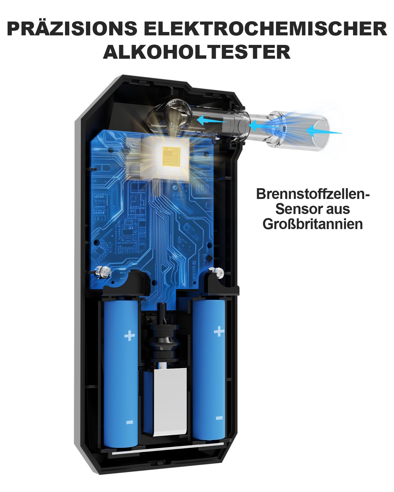 Elektrochemischer Alkoholtester mit 15 Mundstücken & Tragetasche - UK Brennstoffzellen-Sensor Professioneller Atemalkoholmessgerät, Digitales LCD Messgerät, 50 Speicherplätzen (Schwarz)