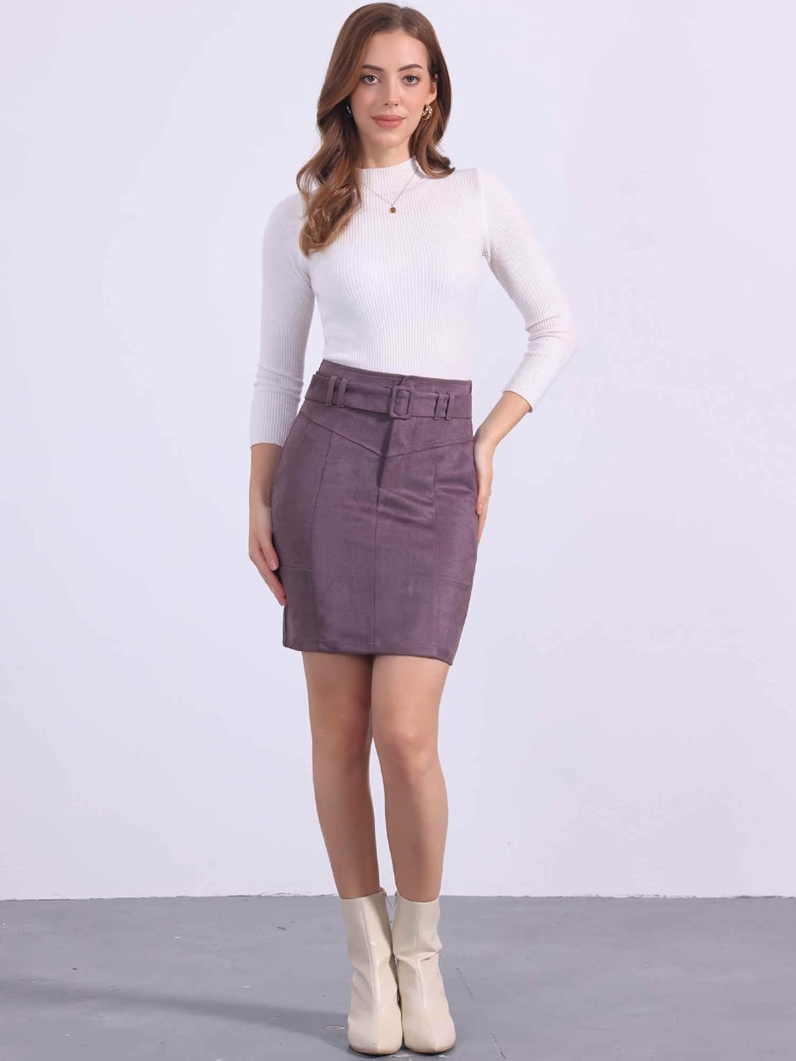Allegra K Faux Suede Skirt for Women's High Waist Casual Belted Pencil Skirts