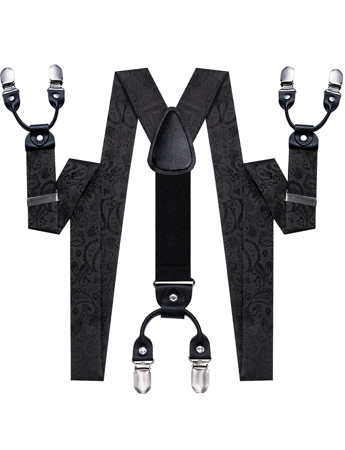 Hi-Tie Men's Suspenders and Tie Set Silk Adjustable Elastic Y Braces with Strong 6 Clips Pocket Square Set