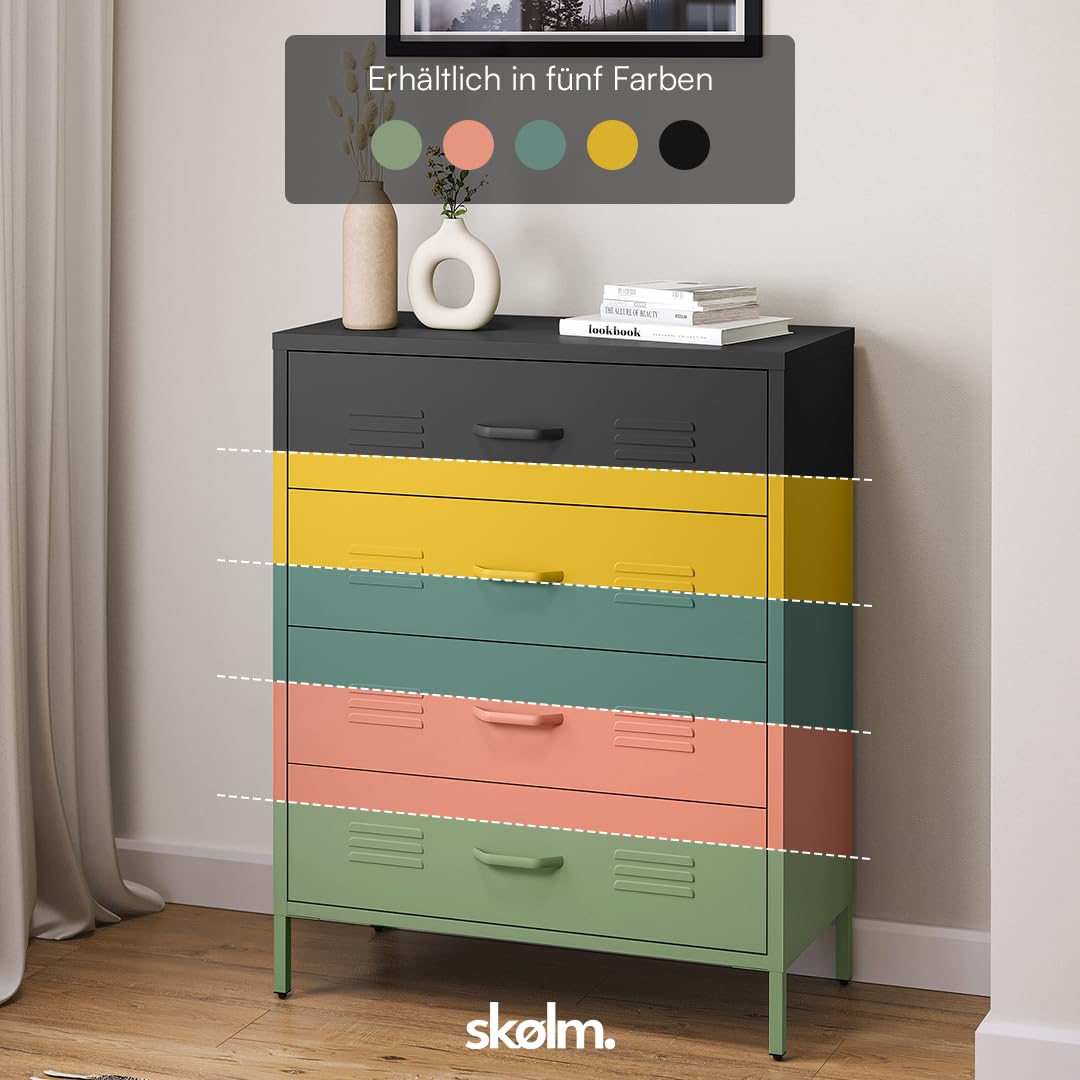 skølm Atria Metall Kommode – Sideboard mit 4 Schubladen – Metallschrank in Mintgrün – Mehrzweckschrank 100x80x40 cm (HxBxT) – Aufbewahrungsschrank/Flurschrank/Schubladenschrank/Industrial Highboard