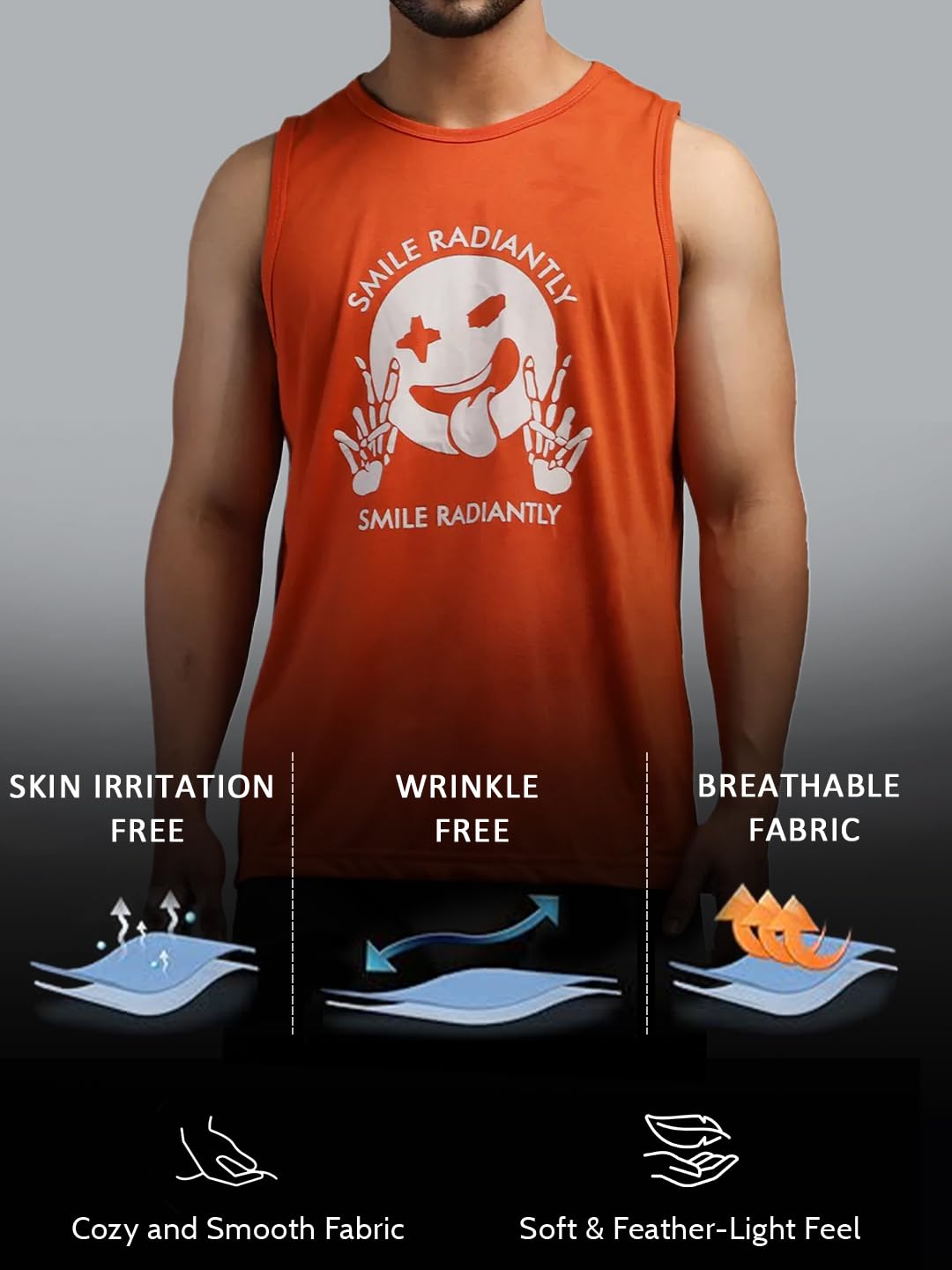 CHKOKKO Tank Tops Sleeveless T-Shirt for Men Gym Wear Graphic Printed Stylish Round Neck Workout Fitness & Casual or Beach Wear Orange L 2