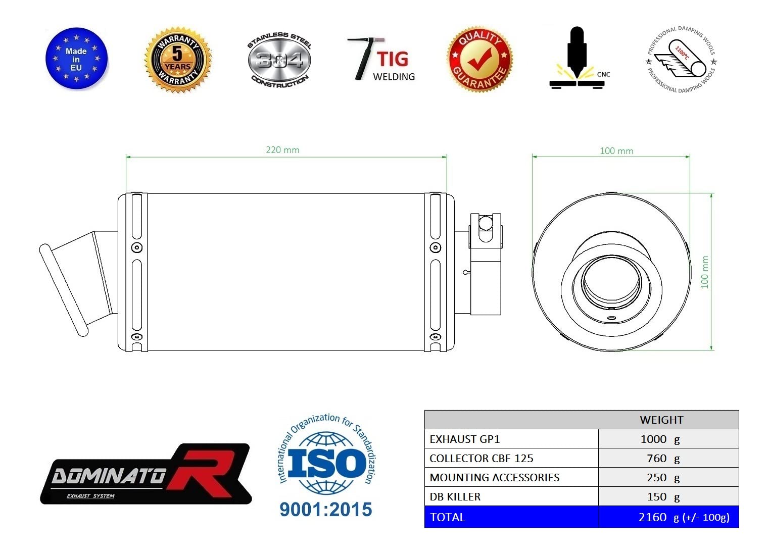 DOMINATOR Ligne complète d'échappement Collecteur Silencieux GP1 compatible avec CBF 125 2009-2014