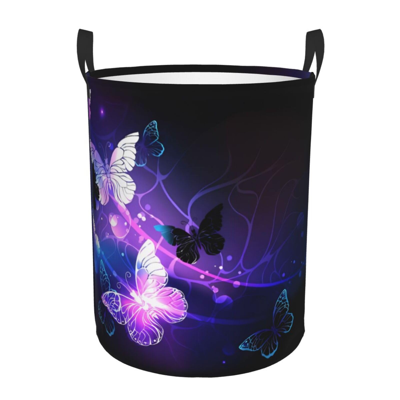 S Collapsible White Purple Butterflies Print Circular Hamper Round