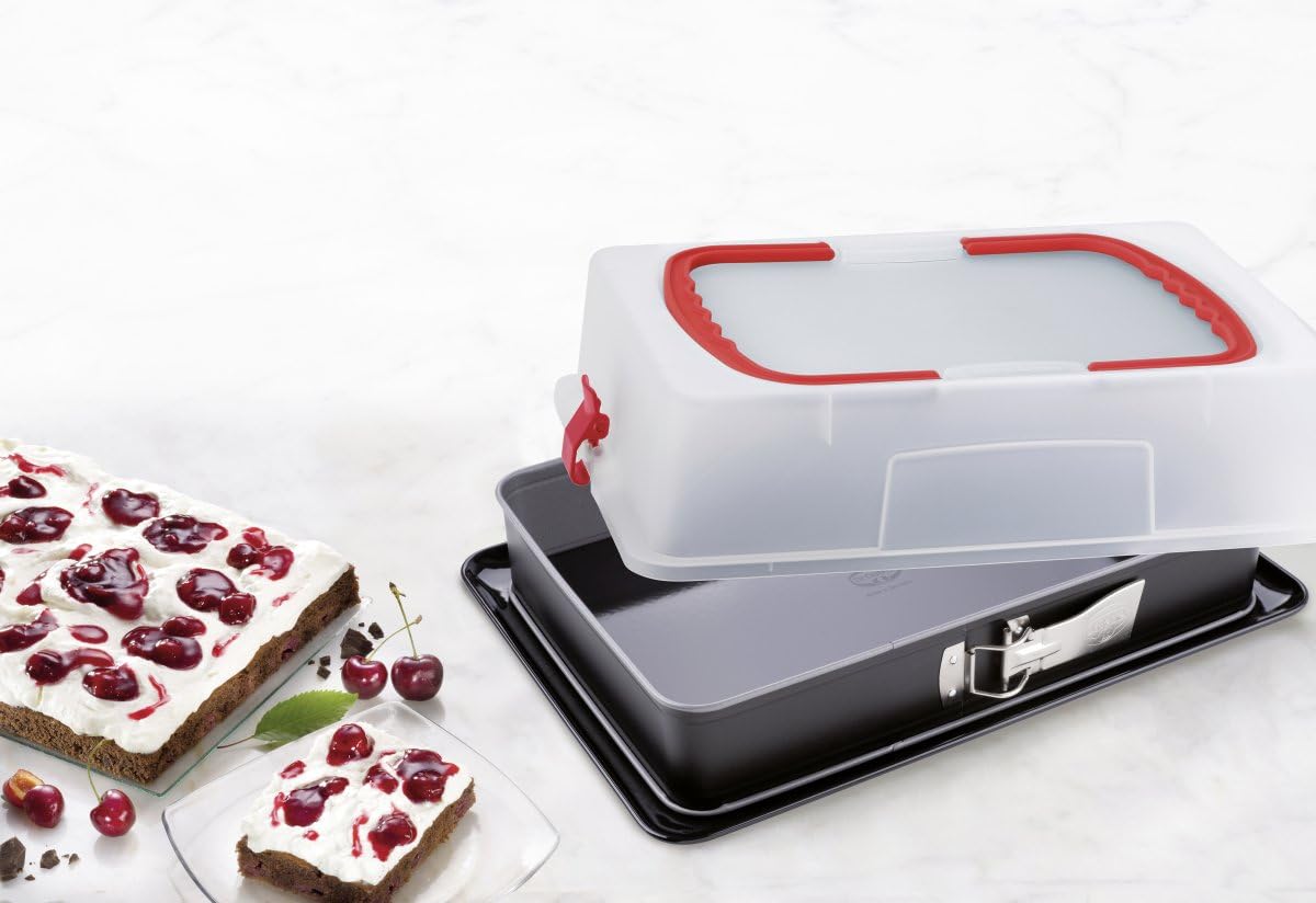 Dr. Oetker Rechteckige Springform mit Emaille-Servierboden & Abdeckhaube, 38 cm, Back-Idee – Antihaft-Beschichtung, schnitt- & kratzfester Boden, hitzebeständig bis 230°C, auslaufsicher