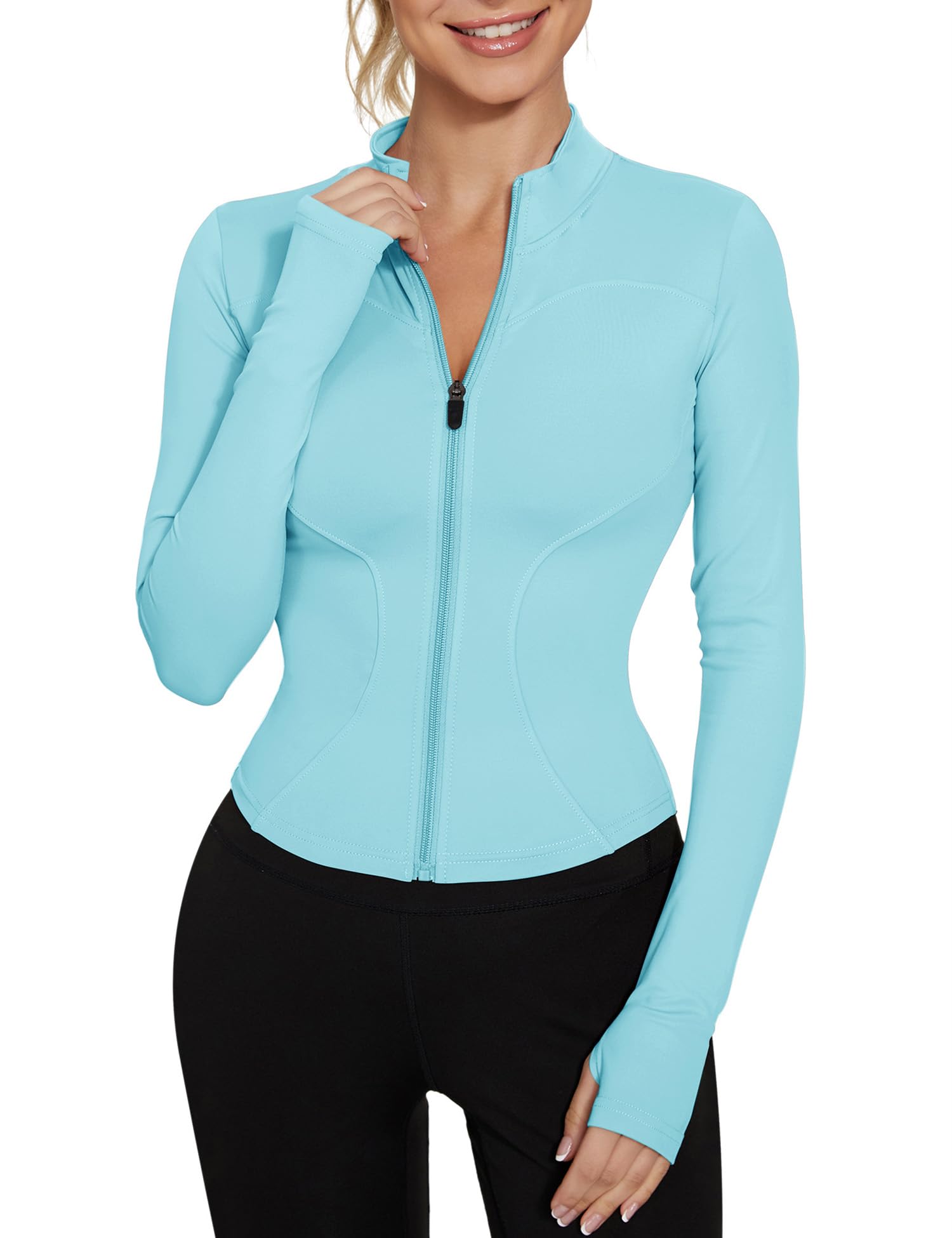 IECCP T-Shirt Damen Gym Top Sport Oberteil Yoga Langarm Crop Sportshirt Leicht Fitness mit Halbem Reißverschluss und Daumenloch