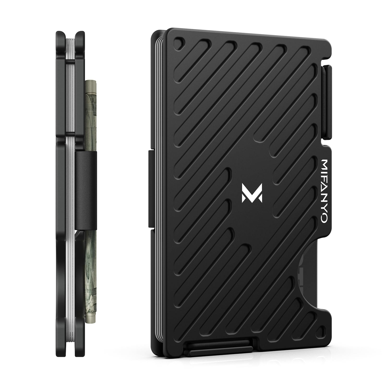 MIFANYO Wallet for Men, Minimalist Metal Card Holder with Cash Strap, Slim Front Pocket Wallet, RFID Blocking, Black, LK-01
