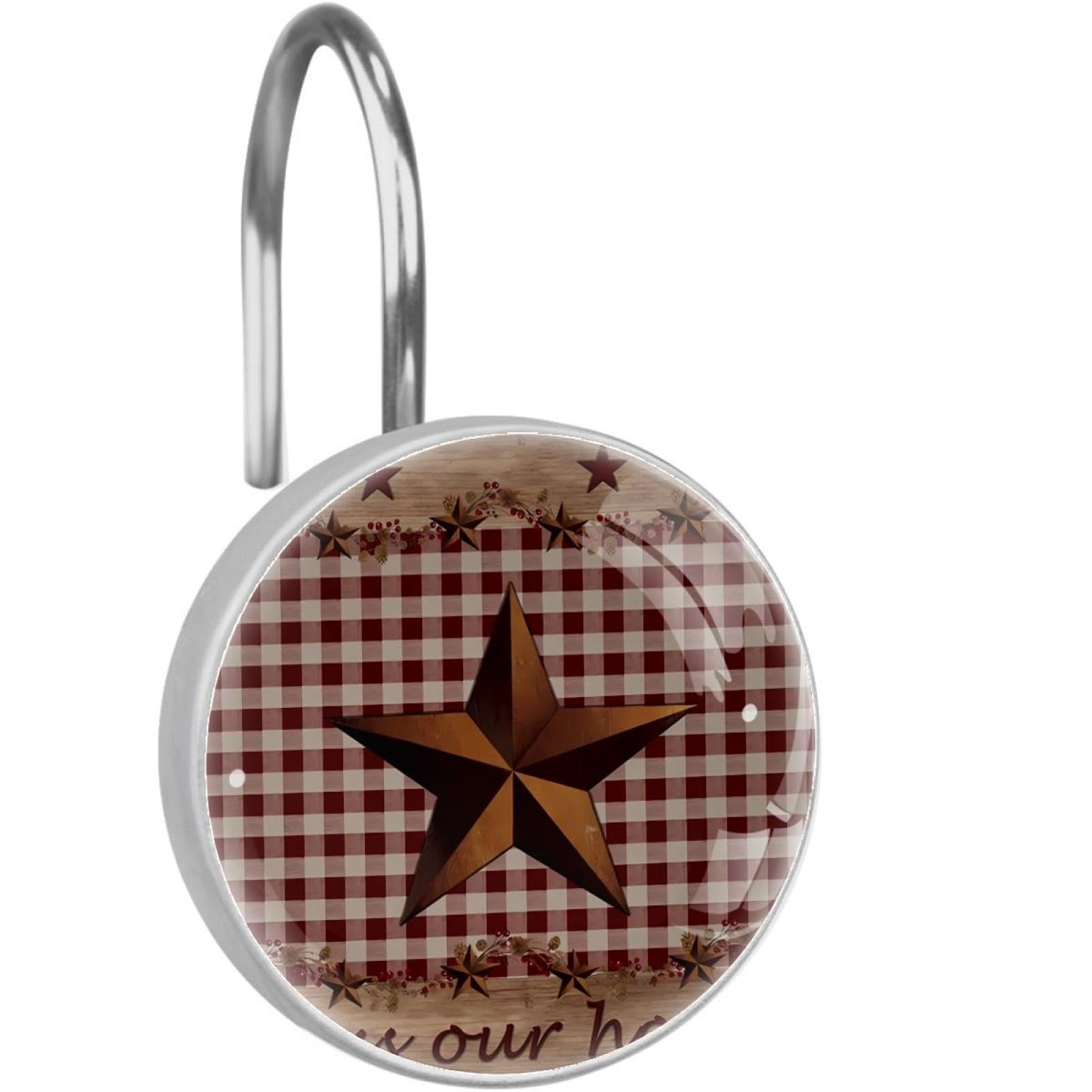 Country Star Burgundy Red Plaid Berry Retro Wood Grain Decorative Shower Curtain Hooks Rings Set of 12 Hooks for Shower Curtain Rustproof Curtain Rings for Bathroom