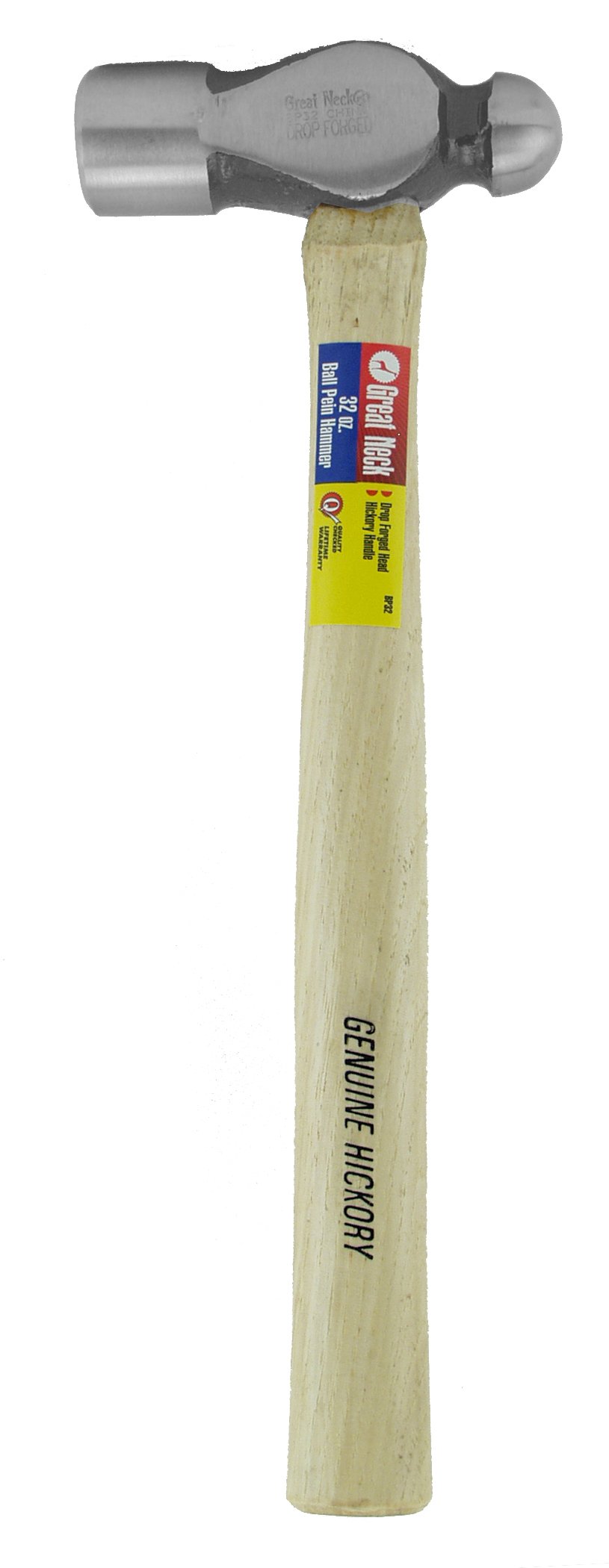 Great Neck BP32 Ball Peen Hammer, 32 Oz Drop Forged Steel Metalworking Tool With Precision-Balanced Authentic Hickory Wood Ball Peen Hammer Handle, For Riveting, Shaping, And Bending Metal