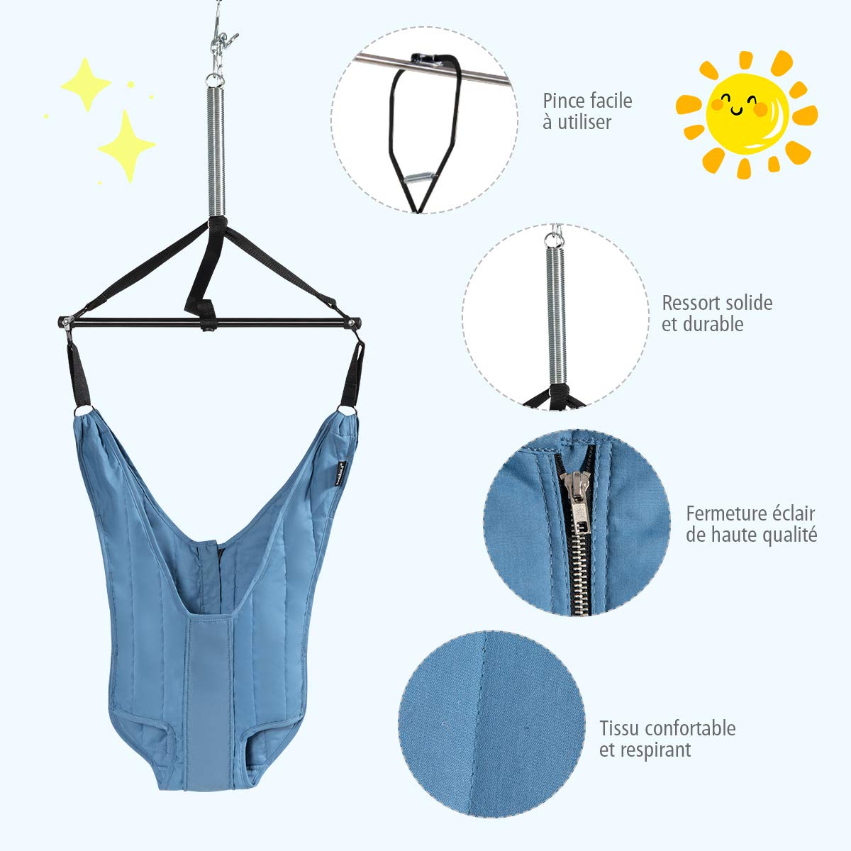 COSTWAY Siège Sauteur Suspendu Bébés de 6-12Mois avec Chaîne Réglable 29-93CM, Siège en Tissu TC avec Tube en Fer Charge Max. 12KG Bleu