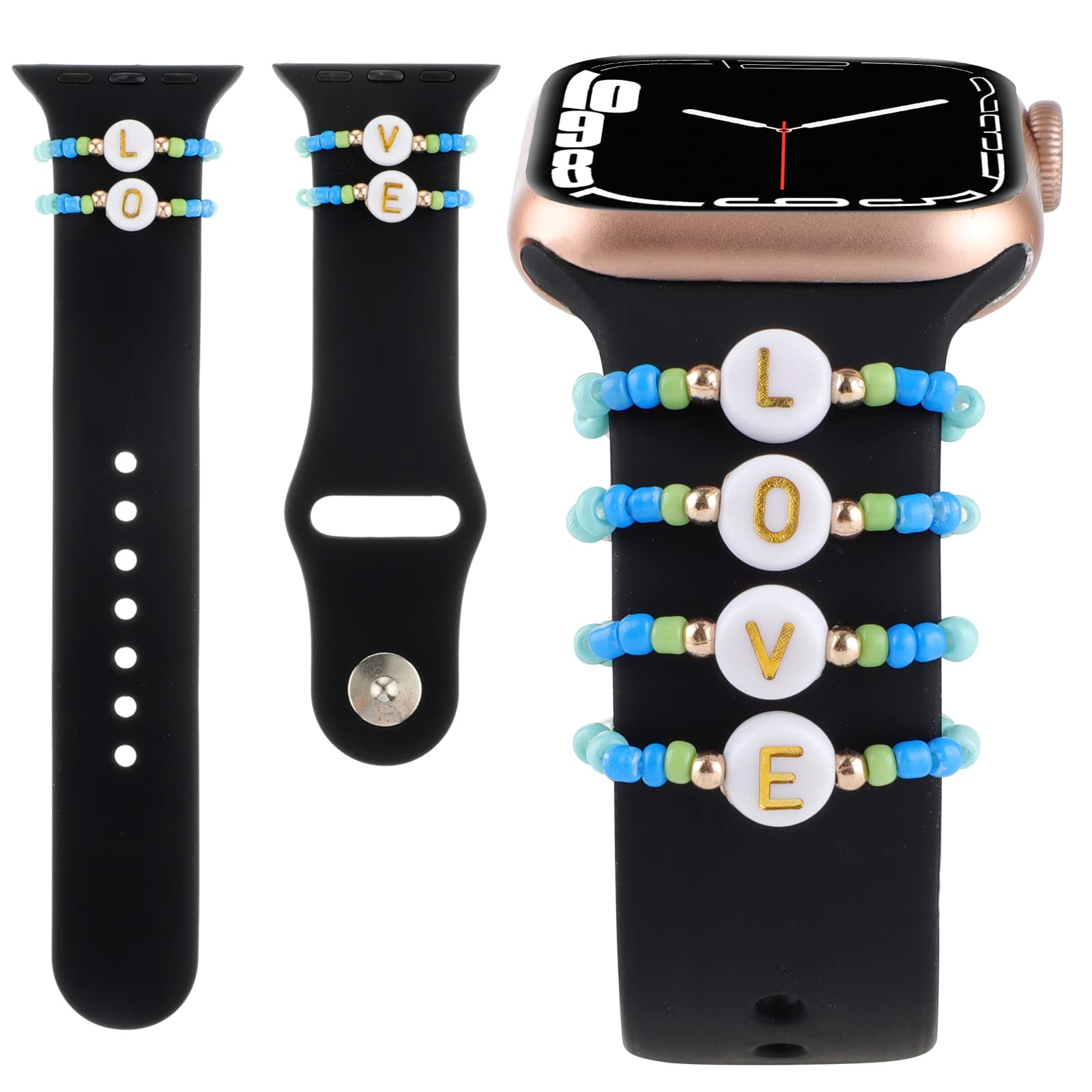 Stretchy Decorative Rings Loops Compatible with Apple Watch Band Charms 38mm 40mm 41mm 42mm 44mm 45mm 49mm, Chain Beads Stacked Accessories Compatible for iWatch SE SE2 Ultra Series 8 7 6 5 4 3 2 1