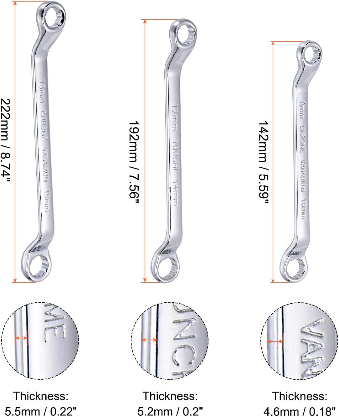 uxcell 45-Degree Offset Box End Wrench Set, 8-22mm Metric CR-V Steel with Rolling Pouch, 6-Piece