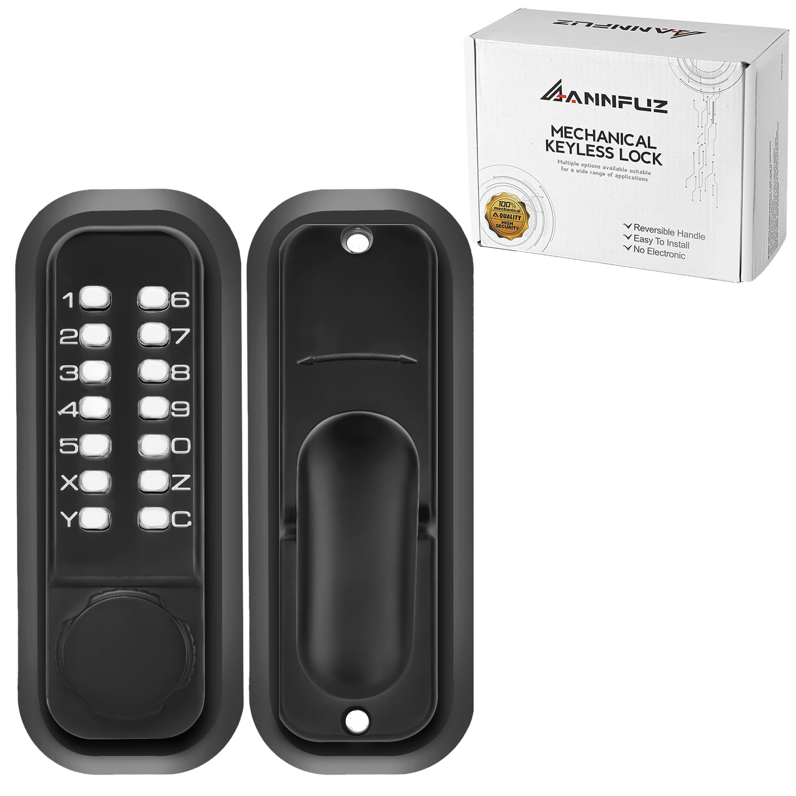 ANNFUZ 100% Keyless Mechanical Digital‑Code Door Lock, Push‑Button Combination Keypad Handle Lock Set, Weather‑Resistant, Entry Lock for Indoor & Outdoor Front Garden & Gate & Warehouse, Black