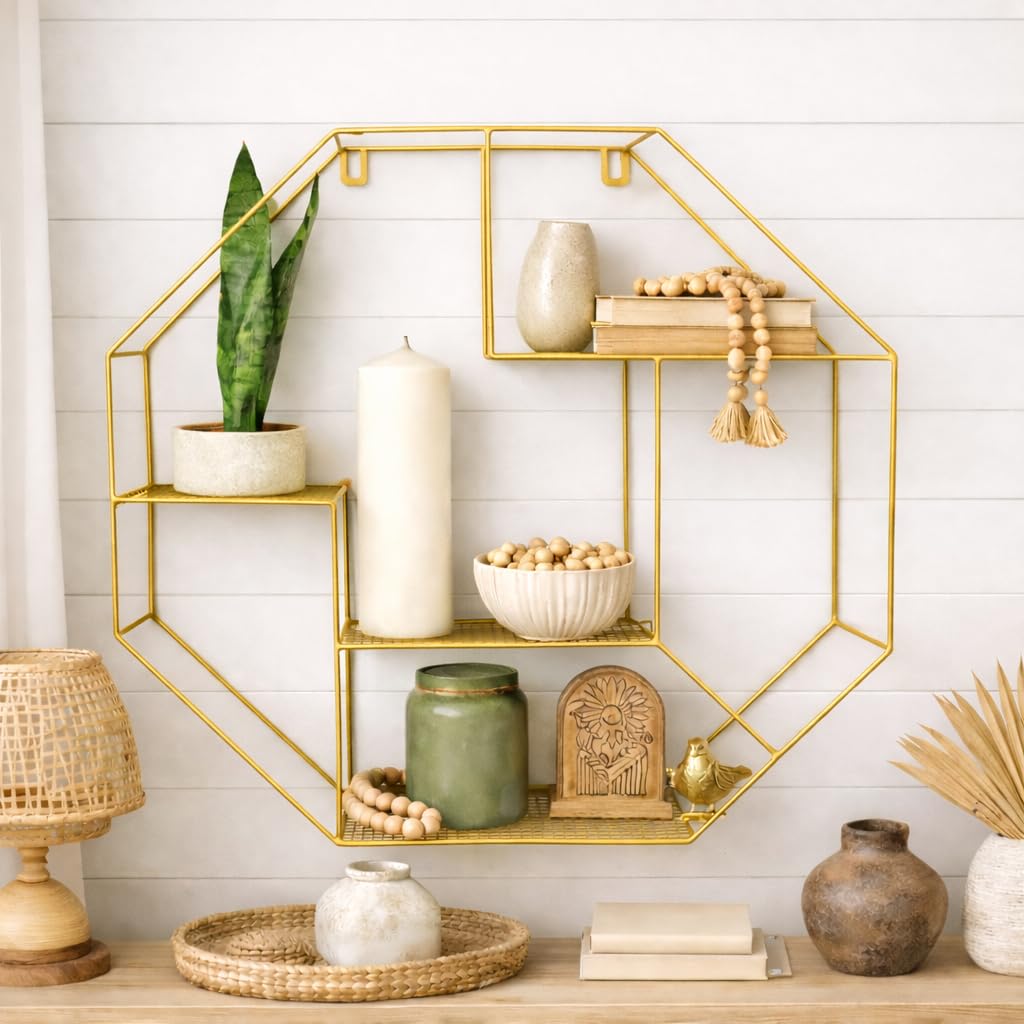 spot on dealz Hexagon Shelf Gold Round Tube Wall Floating Shelf Storage Decor