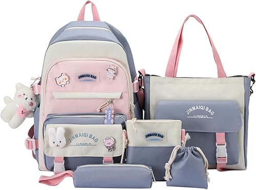Juego de 5 mochilas kawaii con colgante de oso y alfileres - Kit de mochila de conejito de anime japonés con diseño de retazos, Azul, Japonés
