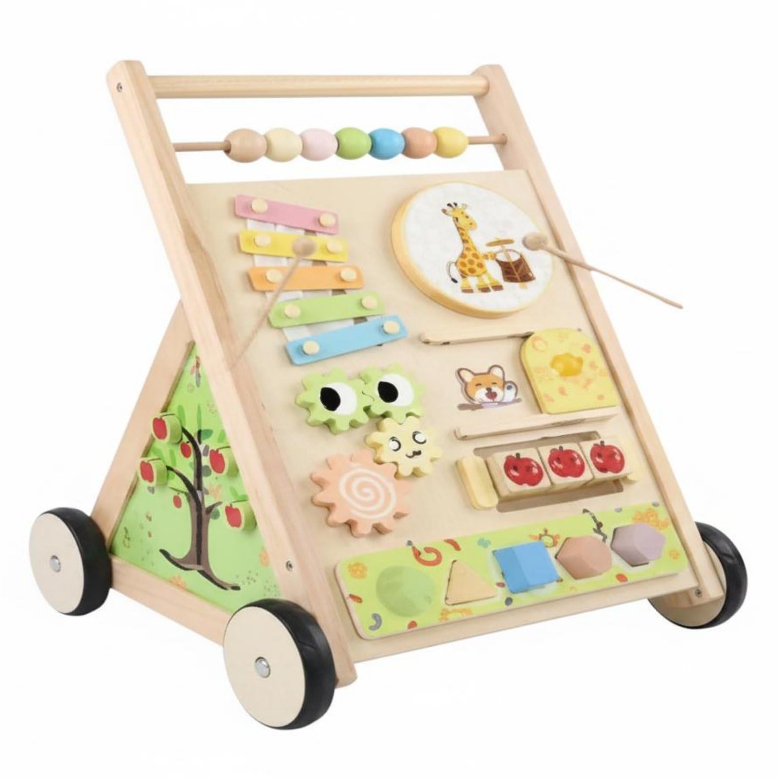 Bnf® Anti-Rollover Design Multifunctional Learning Stroller Hand-Eye Coordination Wooden Activity Stroller Fine Movement Skills Development Baby Push Push Cart with Activity Center Built-in Storage fo-image-3