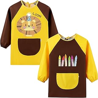 Babero Pintura con Mangas Impermeables Bebé Niño Delantal Niña Babi Escolar Infantil 2 Piezas Baby Guardería Blusón para Jugar Comer - 3-12 Años