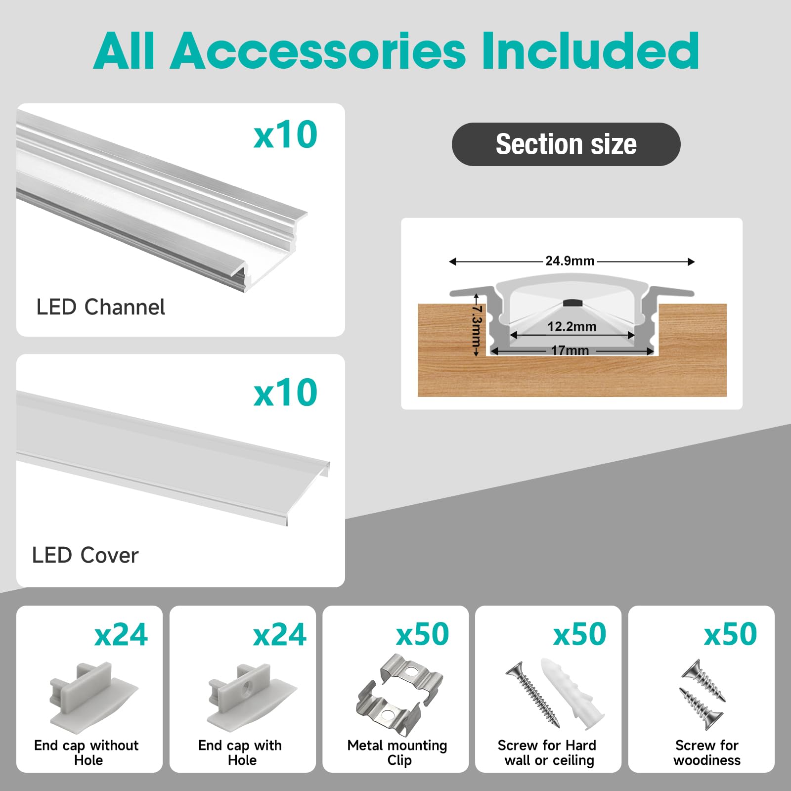 10-Pack 6.6ft/2Meter Silver Recessed LED Aluminum Channel for LED Strip Lights Diffuser Channel with Milky Cover End Caps and Mounting Clips, Flush Mounted LED Track for Ceiling Under Cabinet Closet.
