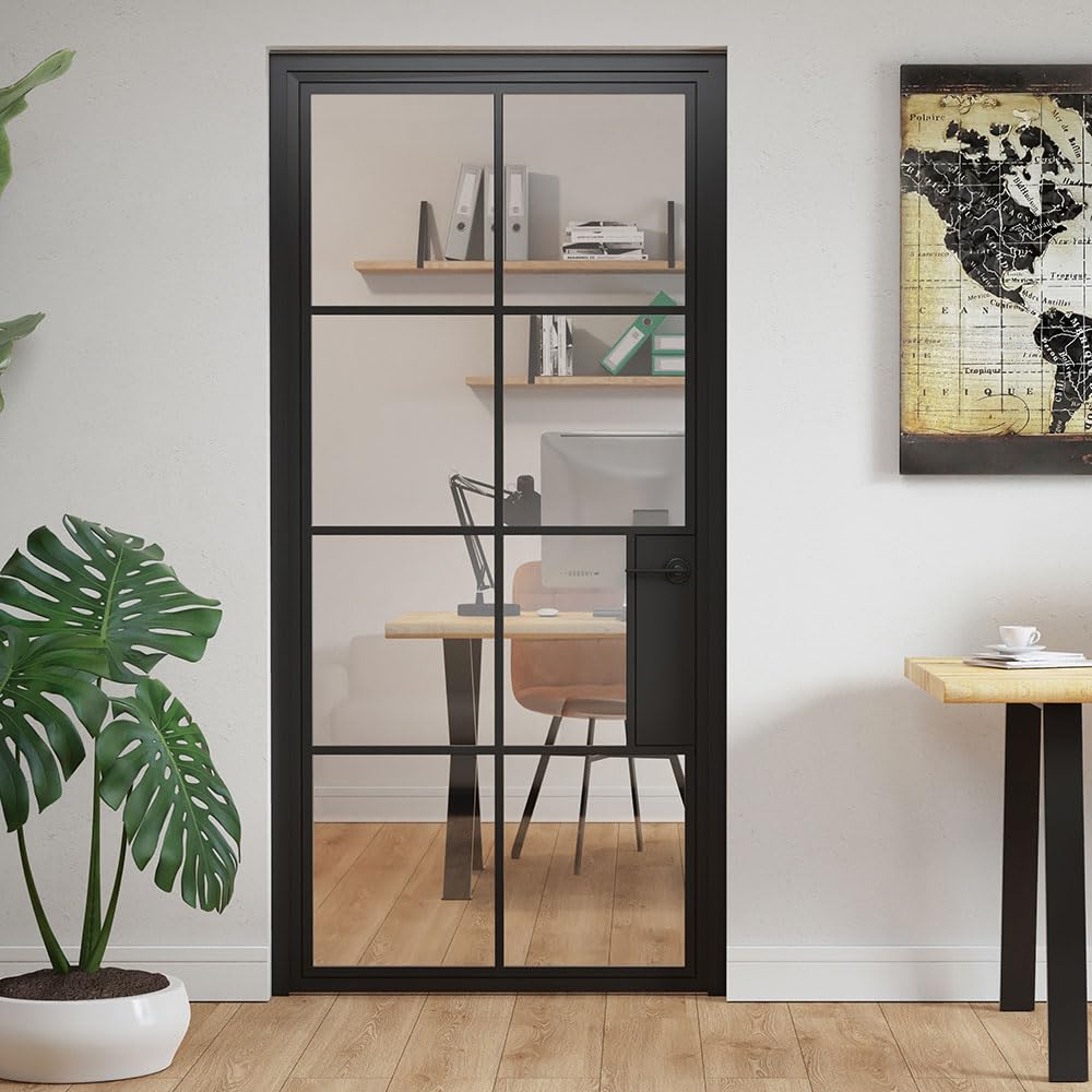 Loft-Glastüren innen Türenset mit Griff für Büro, Bad, Kleiderschrank, Speisekammer Akron (Transparentes Glas, rechts) 90x200 cm