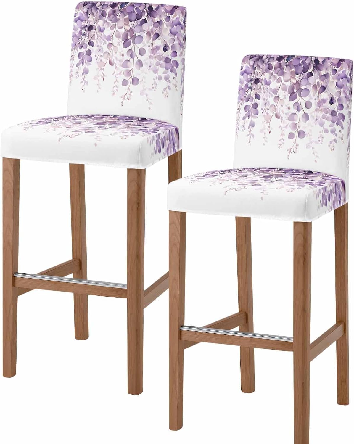 Purple Eucalyptus Bar Stool Chair Covers Set of 2 with Back,Stretch Barstool Slipcovers Washable,Spring Botanical Plant Aesthetic Pub Counter Height/Swivel/Cafe/Dining Room Chairs Seat Cover