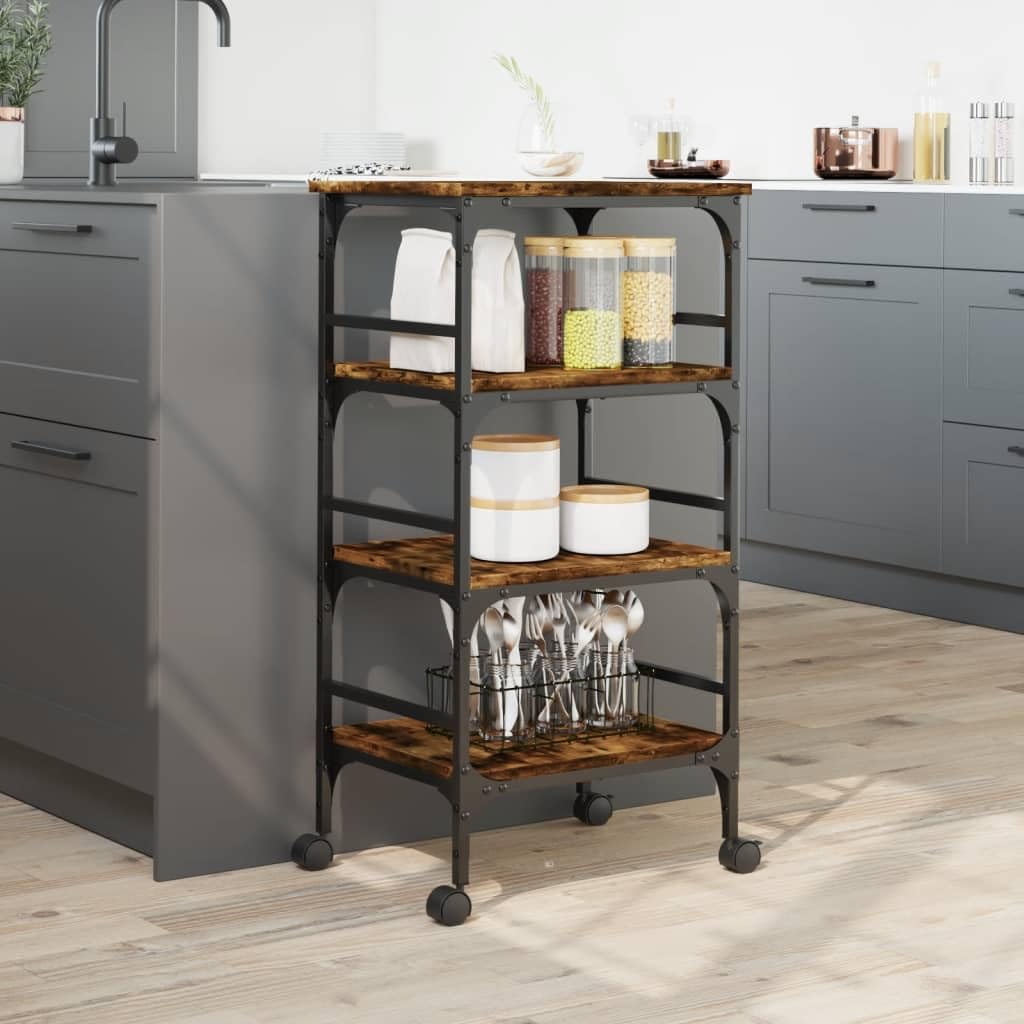 Carro de cocina de roble ahumado de madera y acero, 45 x 35 x 89,5 cm, carro de servicio con ruedas y frenos, espacio de almacenamiento para cocina, salón, baño, estudio