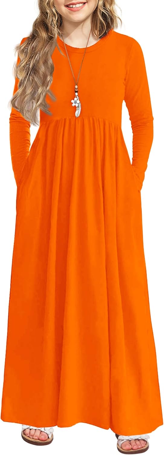 Arshiner Girls Maxi Dress Long/Short Sleeve Casual Holiday Dress with Pockets for 5-13 Years
