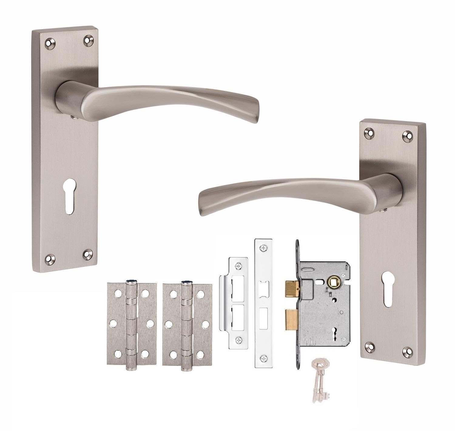 Golden Grace Satin Nickel Victorian Astrid Scroll Lock Door Handle 3 Lever Lock Finish 150Mm Long And Hinges