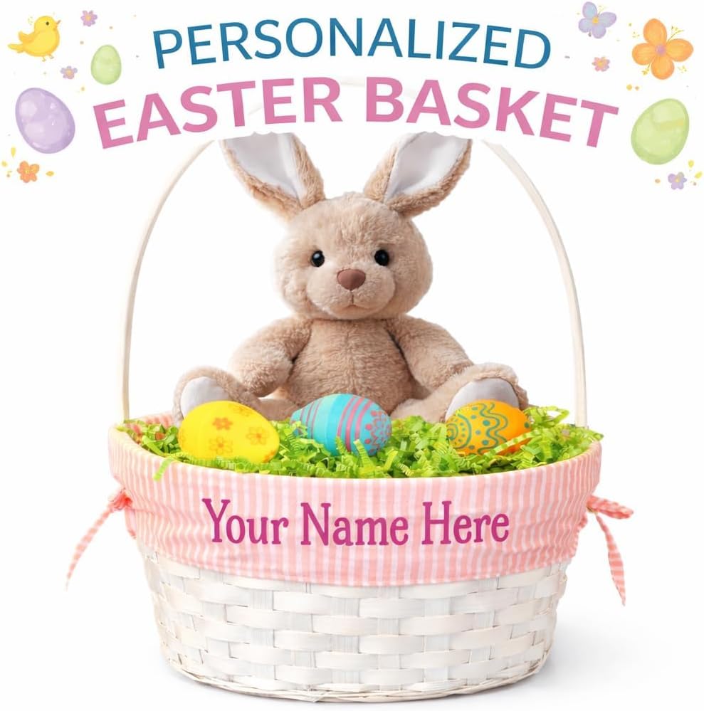 Easter Baskets Personalized Easter Baskets with Custom Name of Your Choice (Coral Stripes)