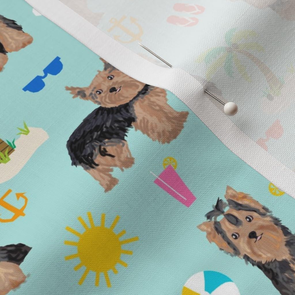 Spoonflower Fabric - Yorkie Yorkshire Terrier Summer Beach Cute Dog Light Blue Dogs Pets Printed on Petal Signature Cotton Fabric by The Yard - Sewing Quilting Apparel Crafts Decor