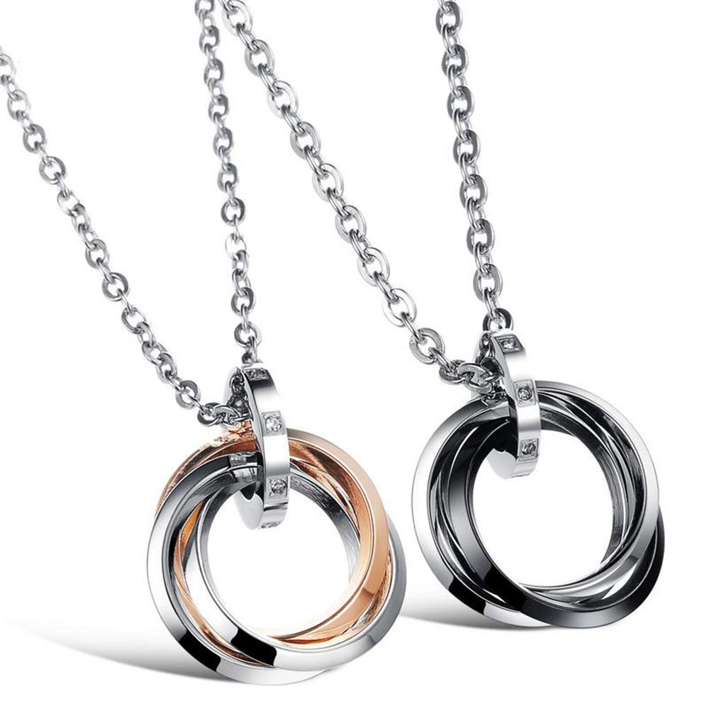 YI-shine Men's Women's Stainless Steel Double Rings Couple Pendant Necklace for Pair Valentine Jewelry Gift