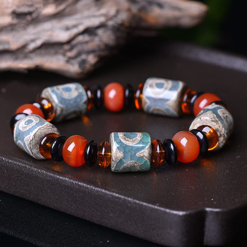 Pulsera Pulsera de cuentas Dzi de estilo tibetano, pulsera de Feng Shui, pulsera de cuentas de ágata natural, pulsera de amuleto, atraer riqueza, dinero y buena suerte, brazalete de pareja, regalo de
