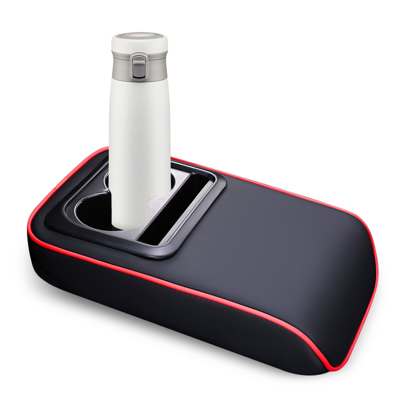 Car Middle Center Console Cover with Cup Holder, 2.8In Raised Car Armrest Cover with Phone Slot, Leather Multi-functional Armrest Pad, Universal Arm Rest Mat for Long Driving (Red)