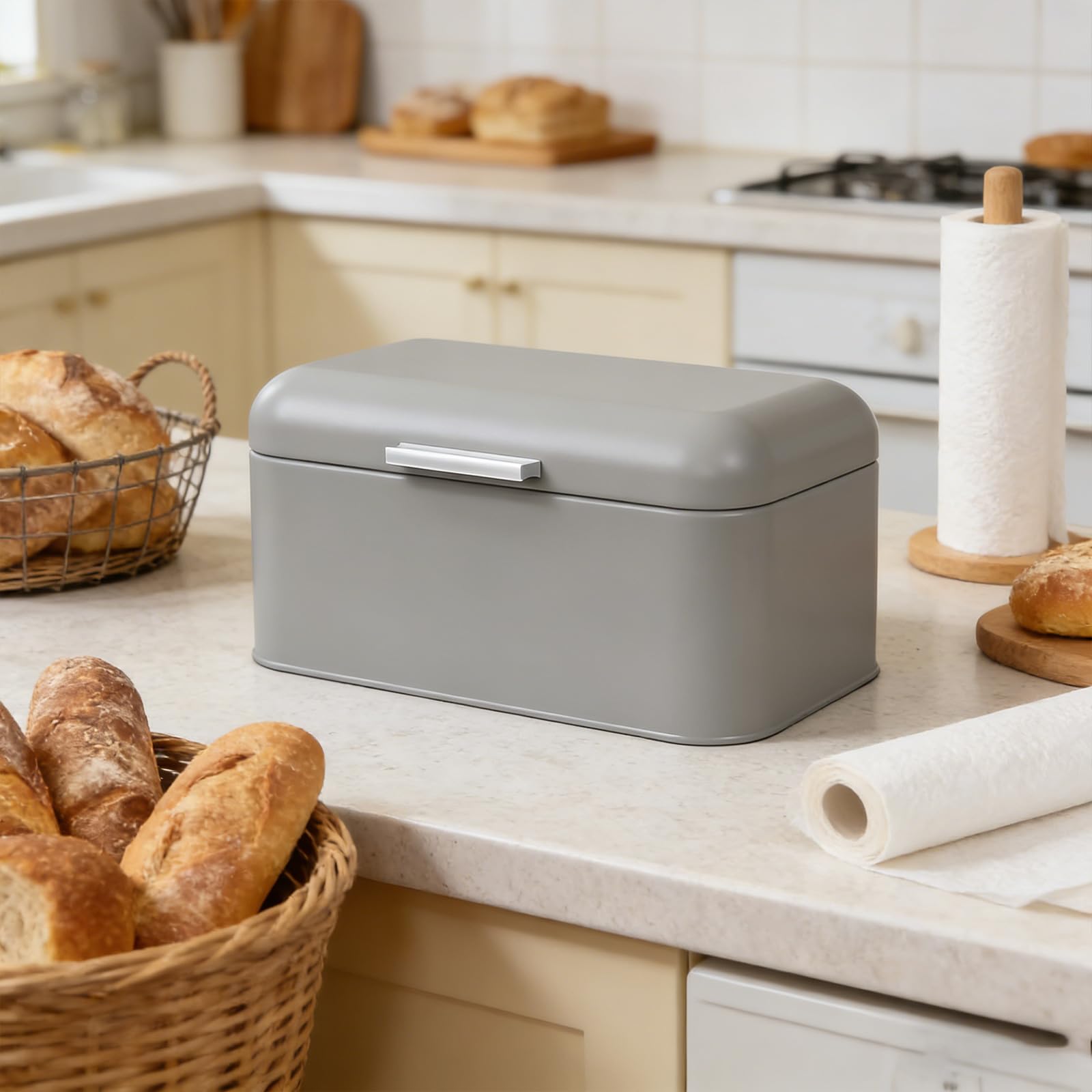 Brotbehälter aus Metall mit umklappbarem Deckel, große Kapazität, Lebensmittelbehälter für Arbeitsplatte, Lebensmittelbehälter