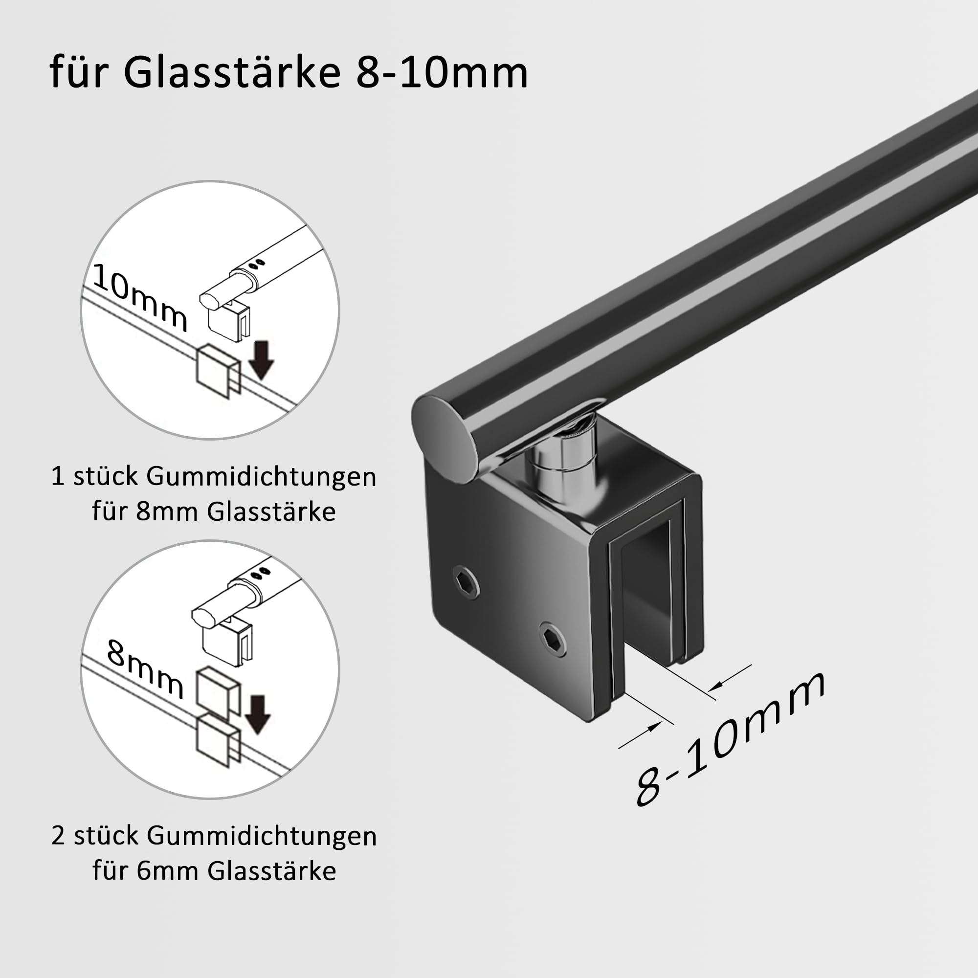 Boromal Barre de support pour paroi de douche - Stabilisateur rond pour verre 8-10 mm - Acier inoxydable 70-120cm, Noir