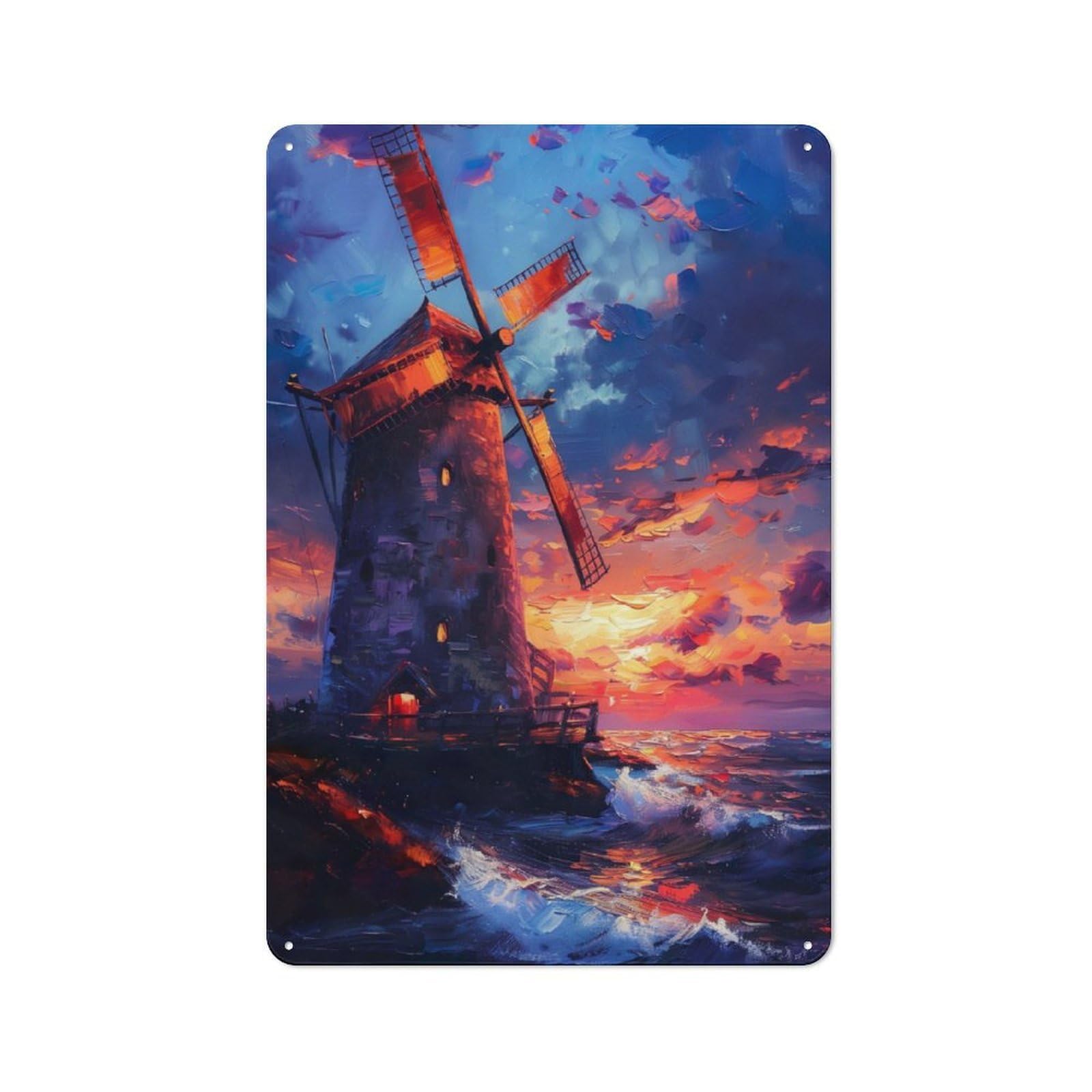 Junmoney Sunset Windmill Retro Tin Sign 30X20cm For Garage Or Workshop, For Furnishing A New Garage And Workshop With Retro Decor
