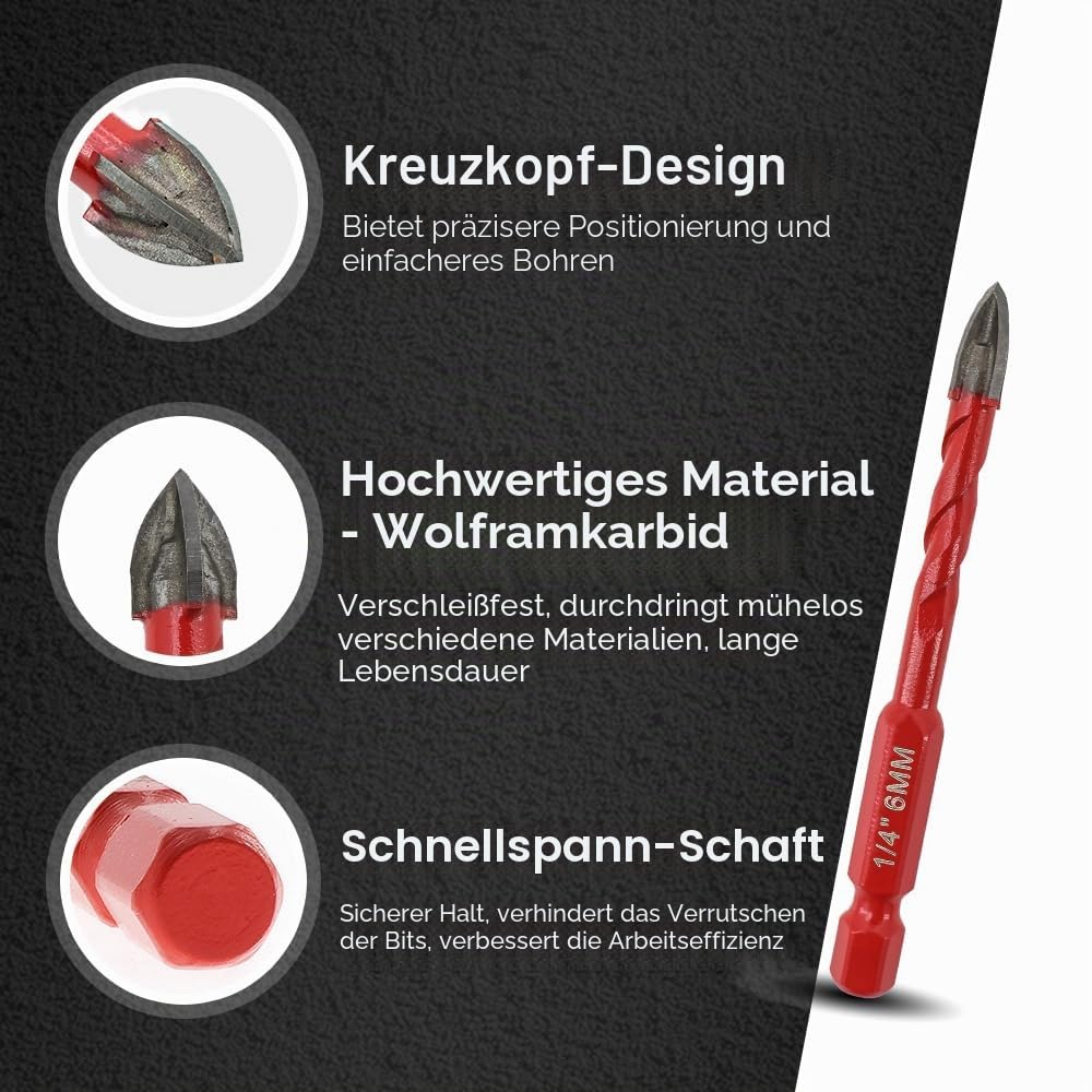 FOCSTOL Diamant Fliesenbohrer 6/8/10/12mm mit Schnellwechsel-Sechskantschaft und 6mm Hartmetallbohrer für Keramik Porzellan Fliese Marmor Granit Ziegel Packung mit 5