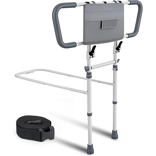 Foldable Bed Rails for Elderly Adults Safety with Storage Bag, Adjustable Bed Rail for Seniors with Non-Slip Handle & Fixing Strap, Fits Twin/Full/Queen/King Beds, 400lb Capacity