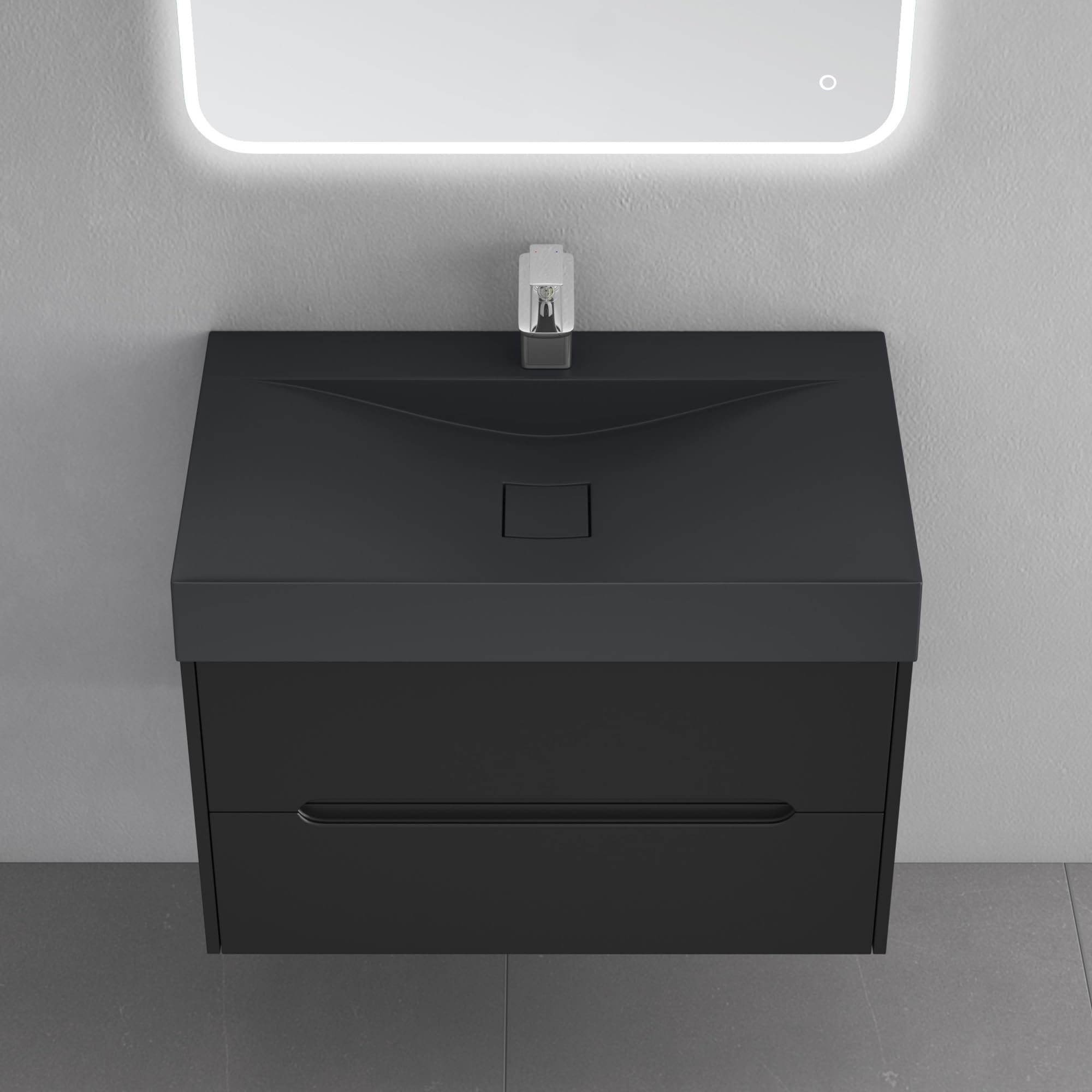 doporro Mobile Bagno Sospeso 80 cm con Lavabo in Marmoresina e Specchio LED – Finitura Nero Opaco, Cassetti a Chiusura Rallentata, Serie Yoga