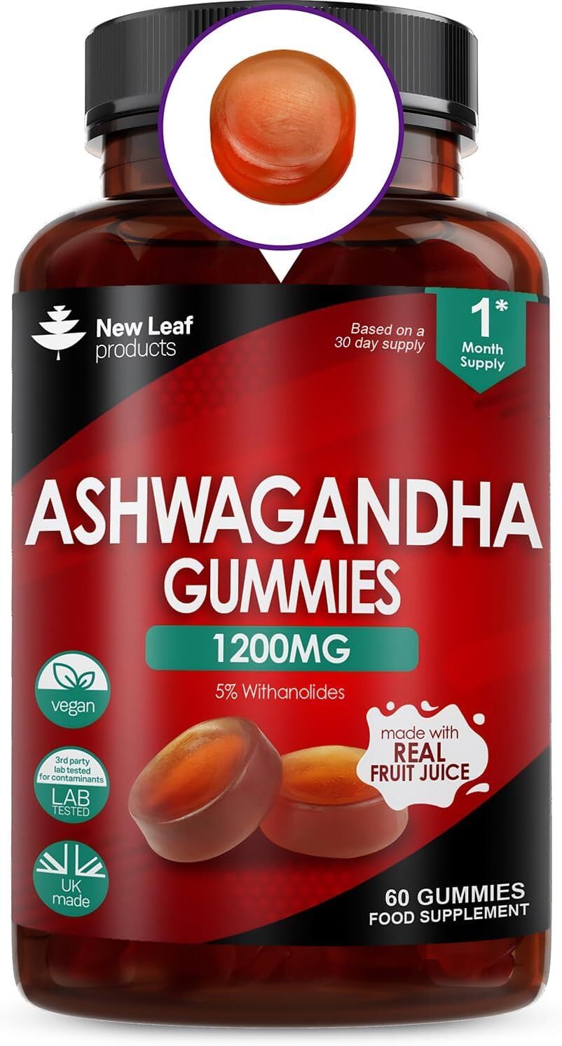 Ashwagandha Gummies 1200mg – High Strength 5% Withanolides - Real Fruit Juice, No Artificial Colours or Flavours – Pure Ashwagandha Root Extract, 60 Vegan Gummys, Gluten Free, UK Made by New Leaf