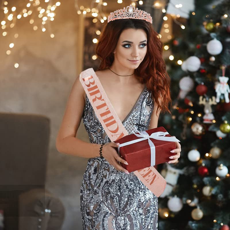 Generic Birthday Crown and Sash Set for Women and Girls - Gold Rhinestone Crystal Headband