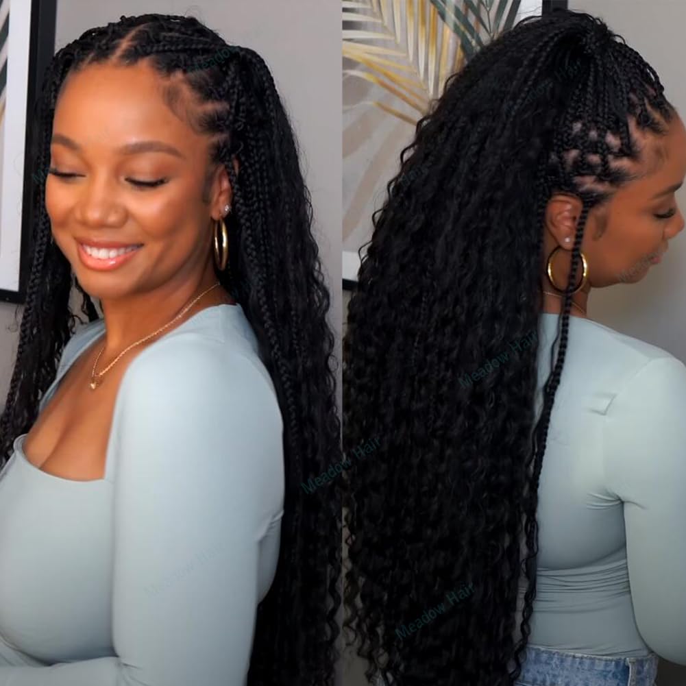 Crochet Boho Box Braids With Human Hair Curls Pre Looped Synthetic Hair Box Braid With Full Deep Wave Ends Crochet Hair Braiding for Black Women 14Inch 80 Strands