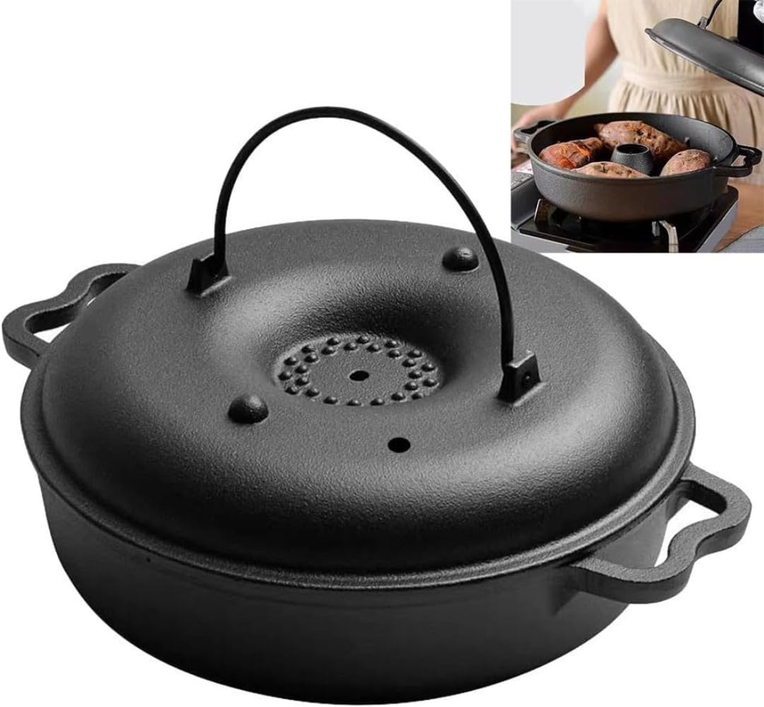 Żeliwny garnek do smażonych ziemniaków z pokrywką, żeliwny garnek do grillowania, do użytku na zewnątrz, pogrubiona czarna patelnia grillowa do kuchni, na kemping, do ogrodu, na grilla, grill