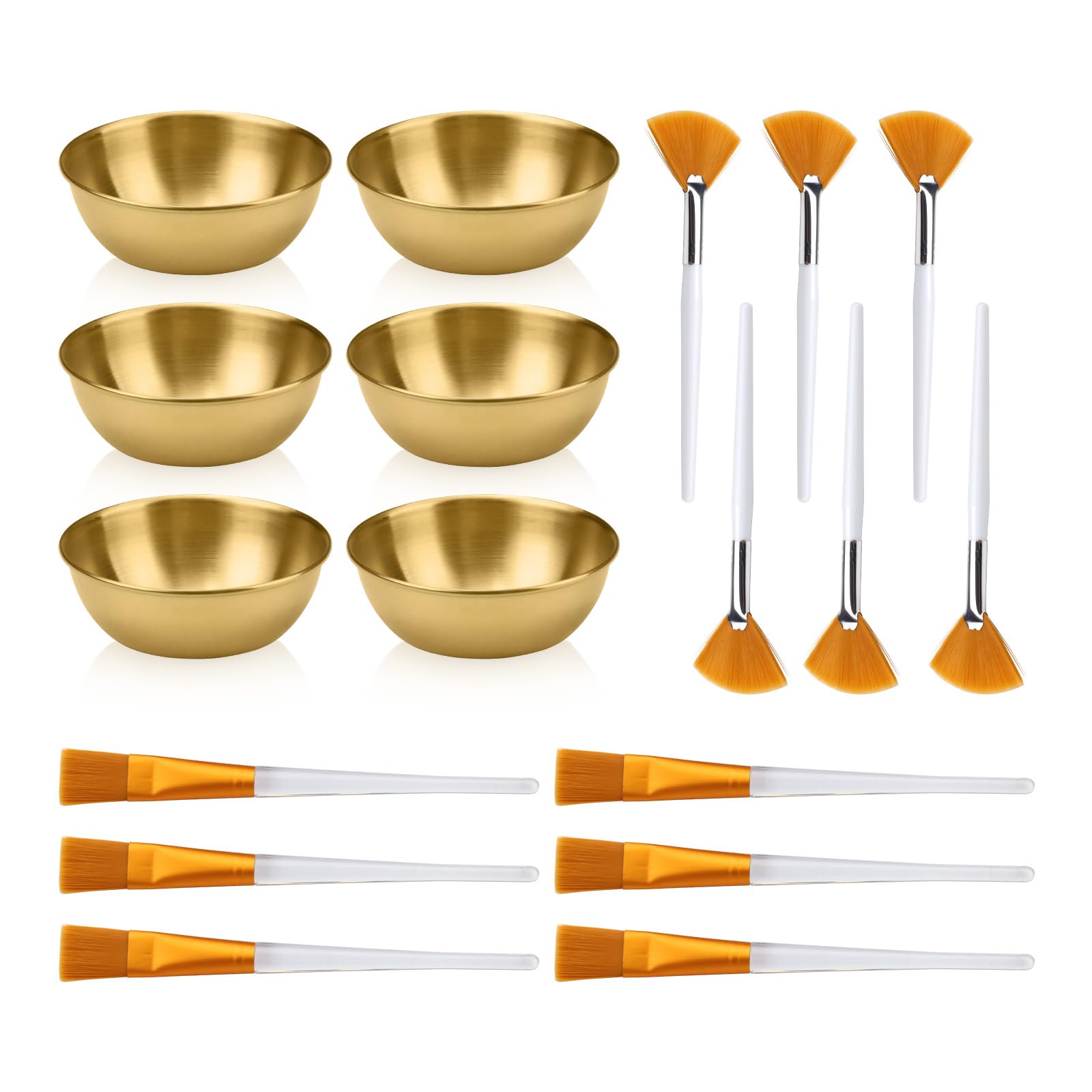 Lot de 18 bols et brosses en acier inoxydable, 12 pinceaux plats et éventails pour soins de la peau pour le visage avec 6 bols mélangeurs, outil applicateur cosmétique pour le visage, fournitures