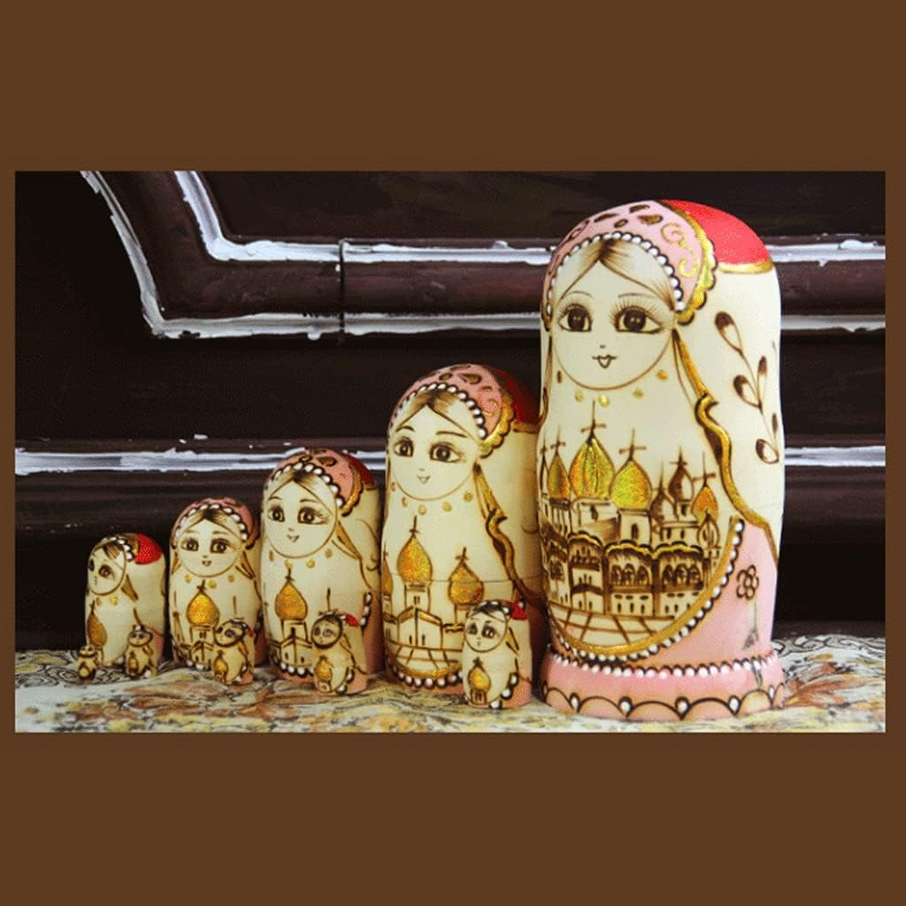 Russian Nesting Dolls 10 Pieces Matryoshka Hand-Painted Nesting Doll Puzzle Cute Toy Home Decoration Christmas Birthday Gift (Color : Gold)