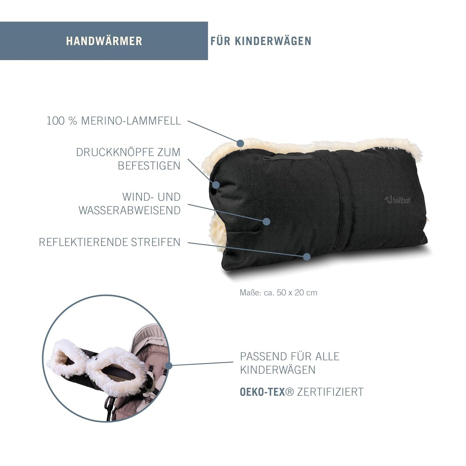 Fellhof® Kinderwagen Handwärmer, 100% Merino-Lammfell, wind- u. wasserabweisend, reflektierende Streifen, OEKO-TEX® zertifiziert, Universalgröße für alle Kinderwagen (schwarz)