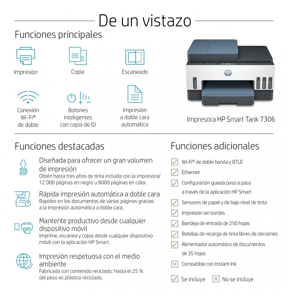 HP Smart Tank Imprimante Tout-en-un 7306, Impression, numérisation, copie, chargeur automatique de documents, sans fil,